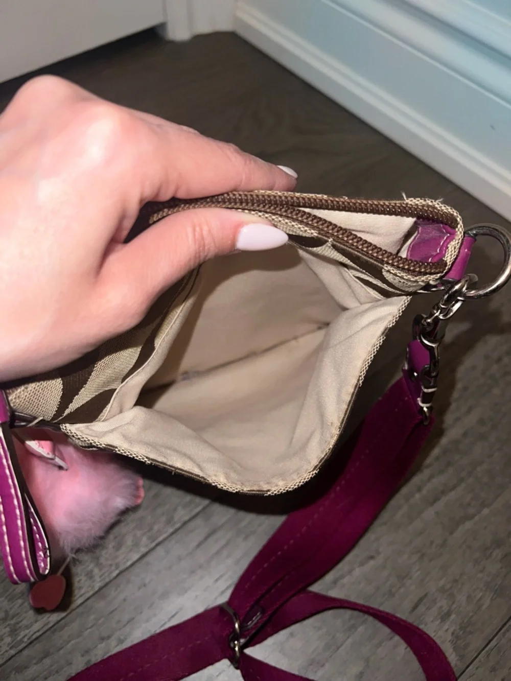 Coach Brown Signature Crossbody with Pink Trim and Pom Charm - Picture 9 of 11